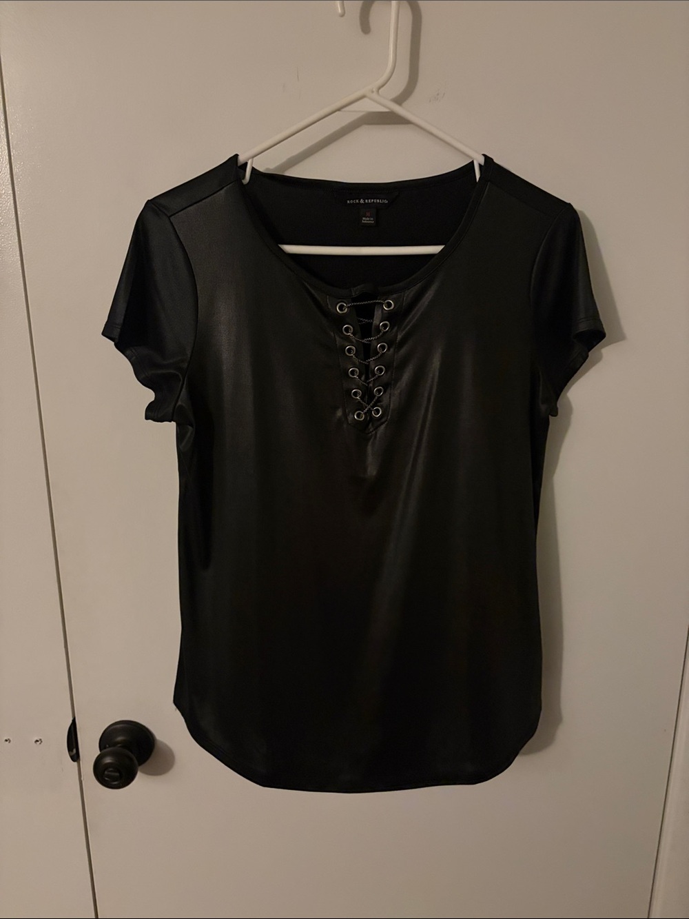 Rock & Republic Black Faux Leather Lace-Up Short Sleeve Tee